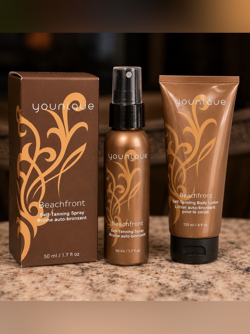 2pc set Younique Beachfront Self-Tanning Spray & Lotion - Brown and Gold